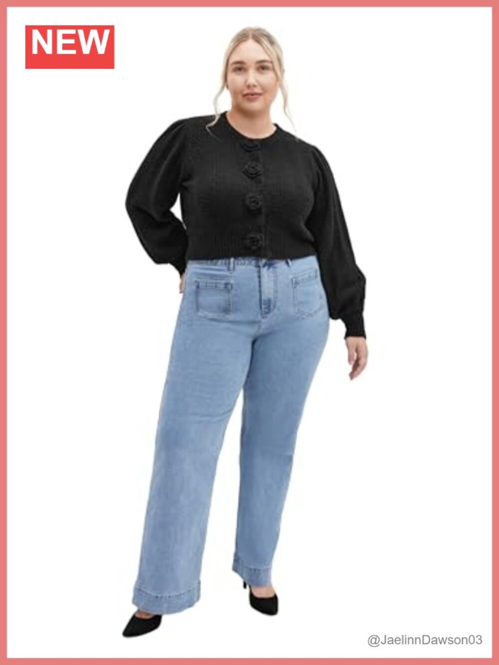 Plus Size Black Cropped Cardigan Rose Button Detail Acrylic Blend Sweater